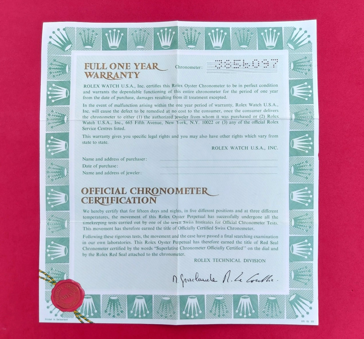 ROLEX Warranty Certificate 1974 3 Million Serial OPEN 1970s Garantie Vintage