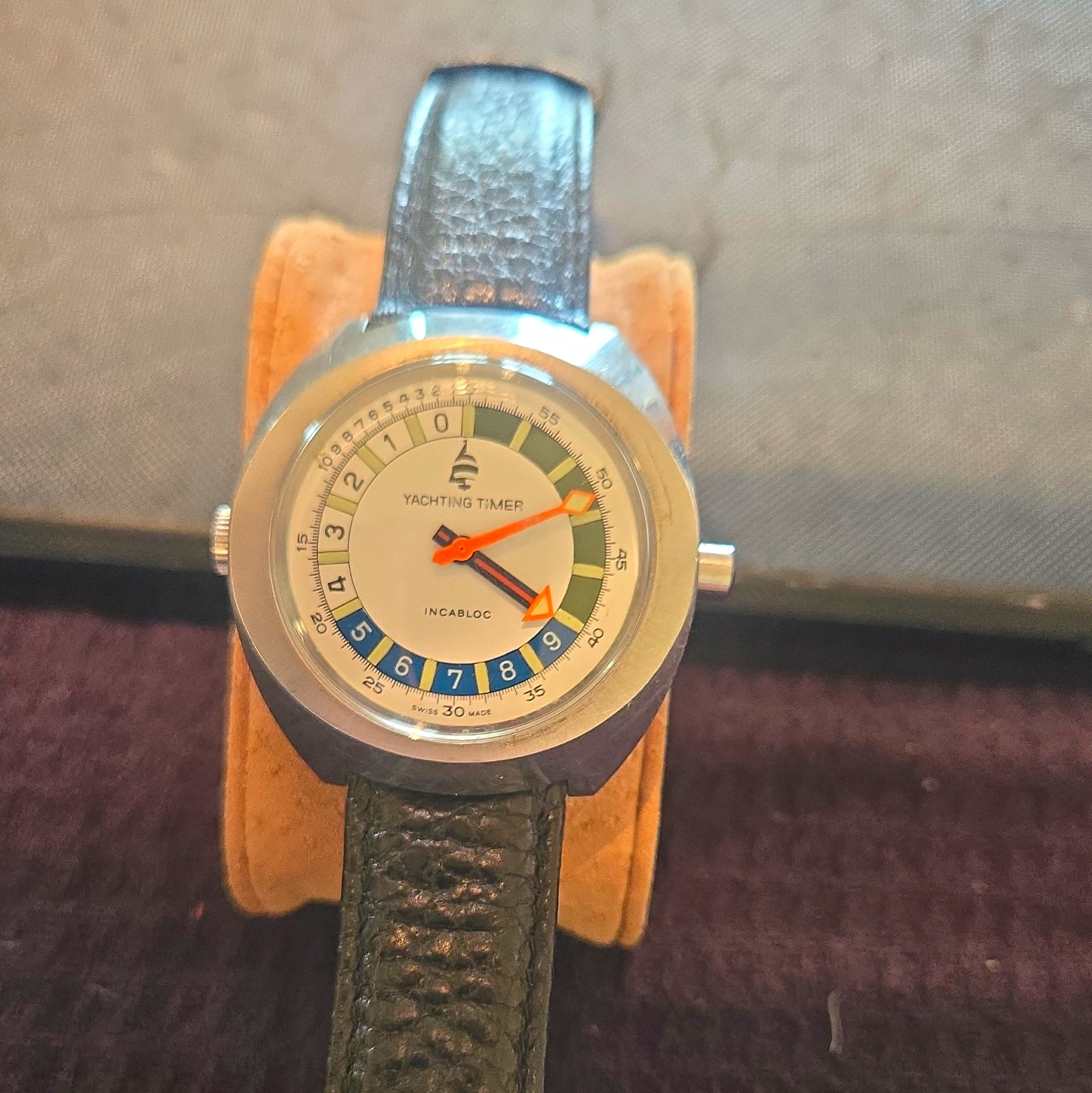 Yachting Timer Vintage 1960s Manual 17J 40mm White Dial Arabic Leather Strap Yachting Timer Vintage 1960s Manual 17J 40mm White Dial Arabic Leather Strap