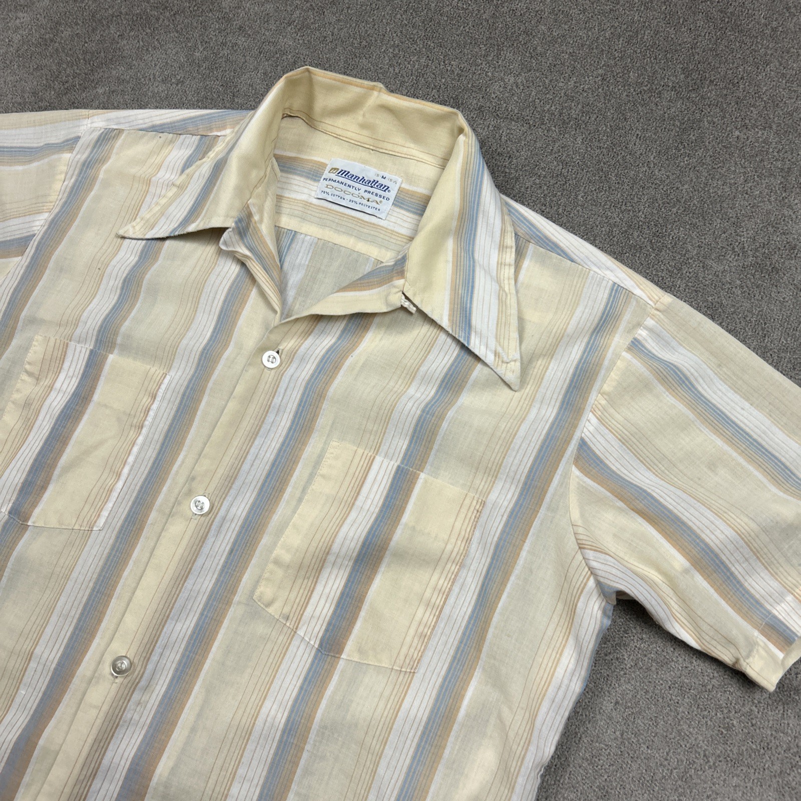 Vintage 1960s Manhattan Loop Collar Shirt Medium Striped Rockabilly Dble Pocket