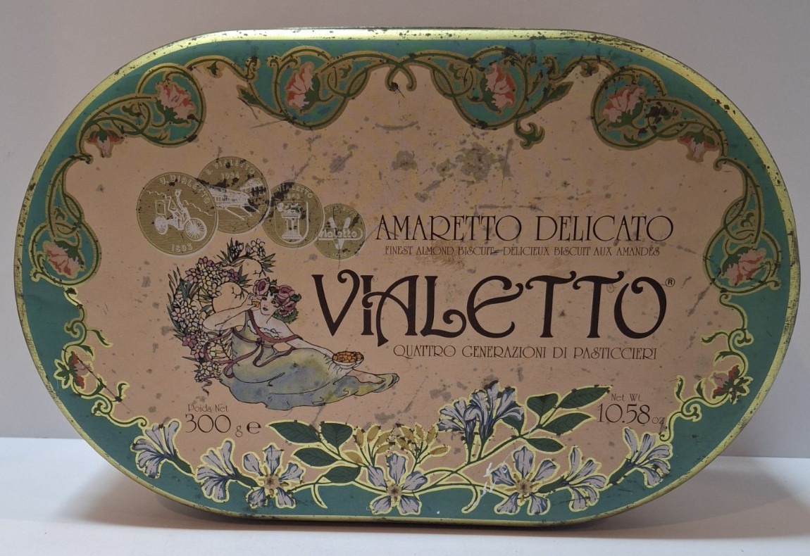 Vintage Vialetto Tin Container & Lid Oval Green & Gold w/Floral Design Italy