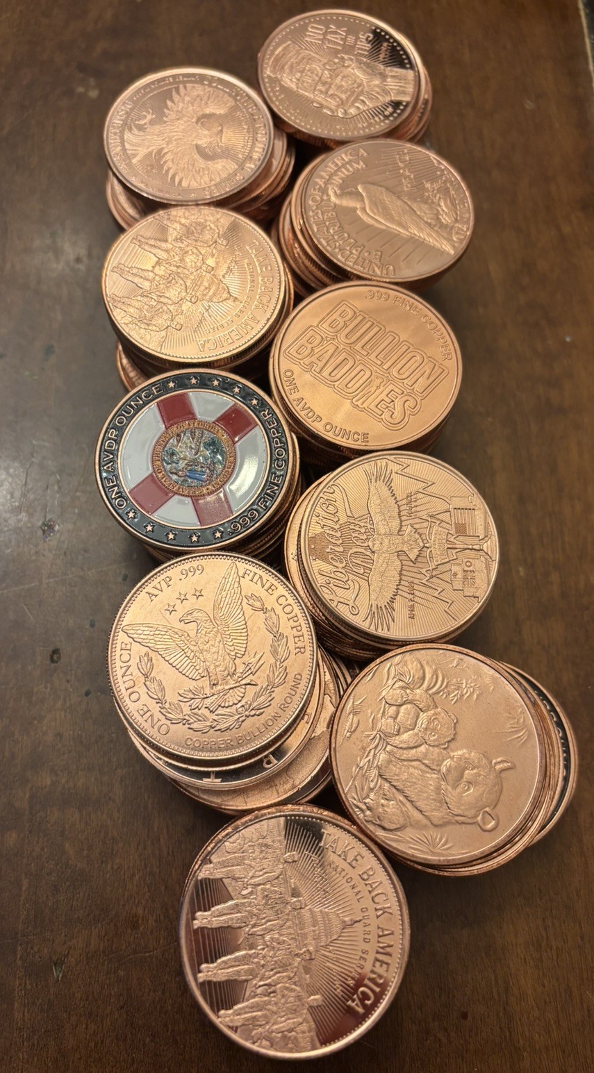 LOT OF 100 X 1 OZ MIXED .999  COPPER ROUNDS BULLION