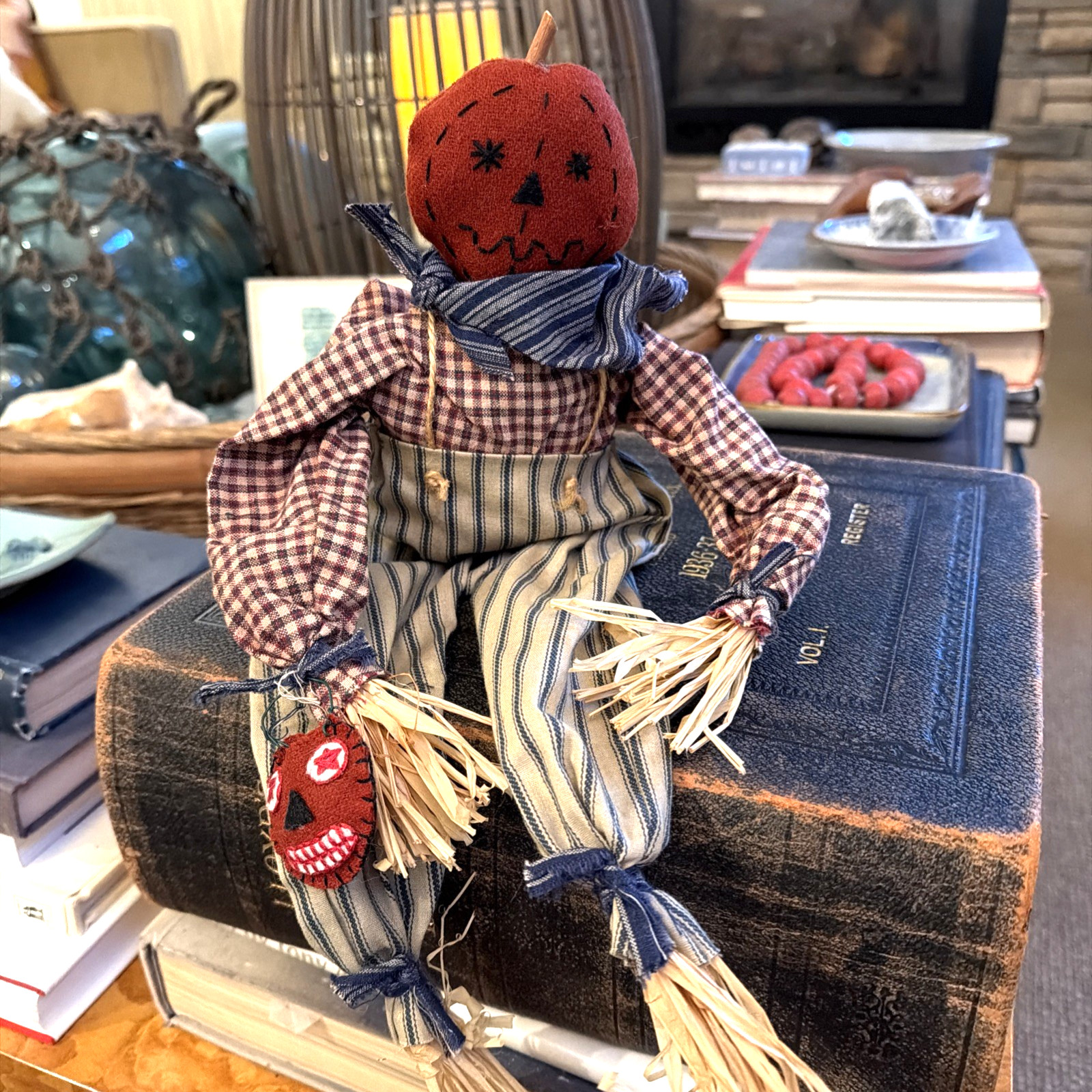 Handmade Primitive Pumpkin Scarecrow Cloth Doll Fall Autumn Halloween Folk Art