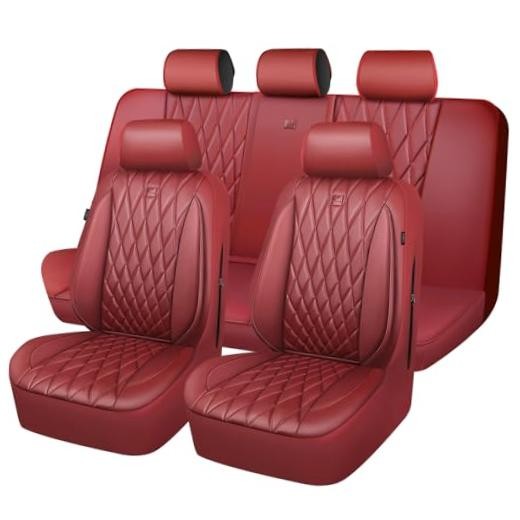 Piping Luxury Faux Leather Seat Covers Premium Full Set Pure Burgundy Red