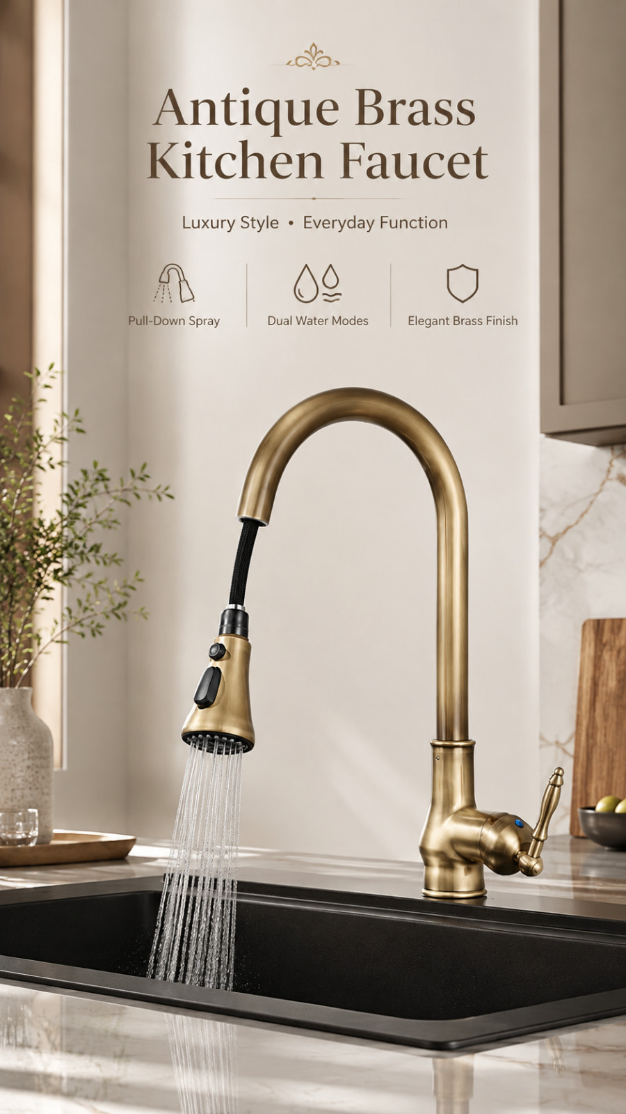 Antique Brass Kitchen Faucet Pull-Out Sprayer 360° Swivel Hot Cold Mixer Tap Antique Brass Kitchen Faucet Pull-Out Sprayer 360° Swivel Hot Cold Mixer Tap