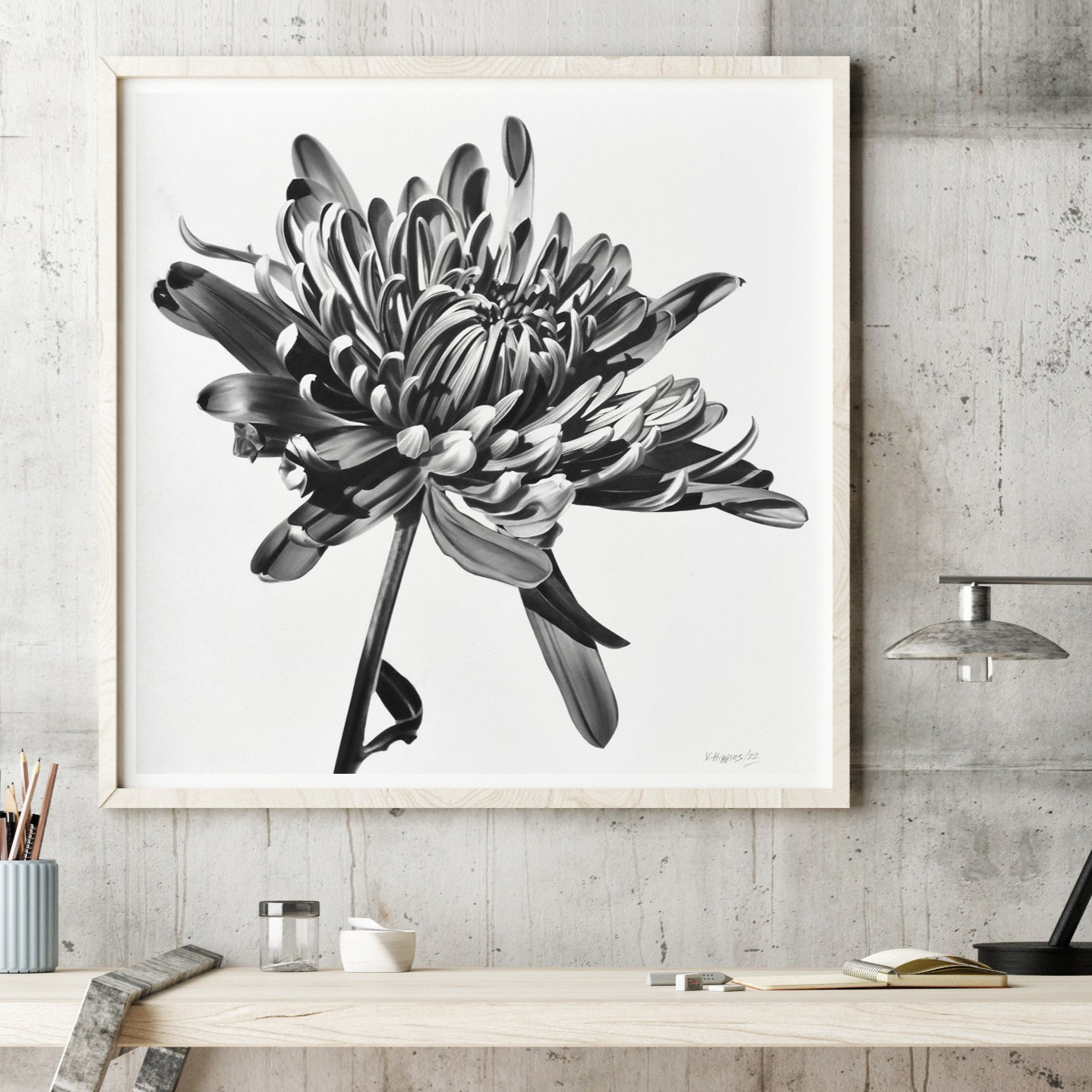 Original Cremone Flower Pencil Drawing: Black and White Botanical Art 15x15\ Original Cremone Flower Pencil Drawing: Black and White Botanical Art 15x15\
