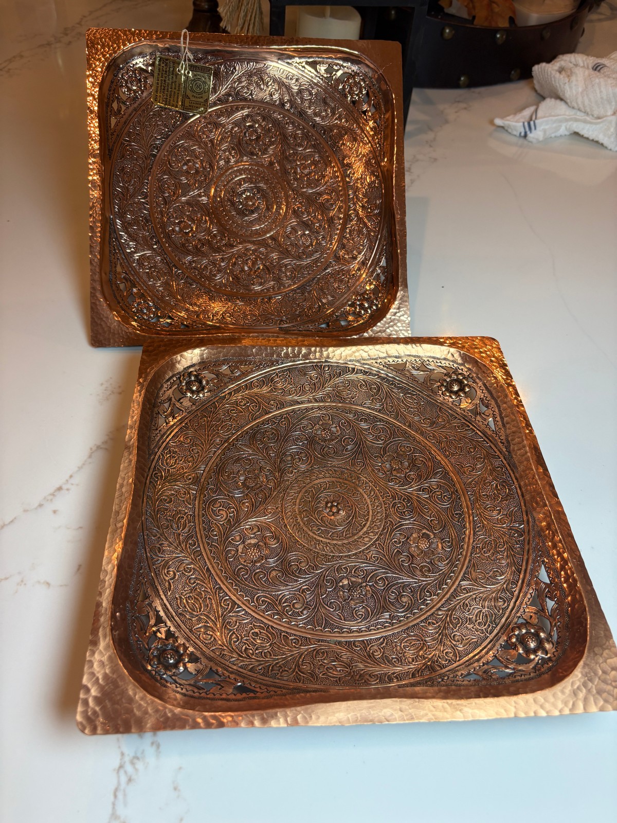 Vintage A.N. Oppenheim Handcrafted Copper Silver Tone Serving Trays - Pair 10