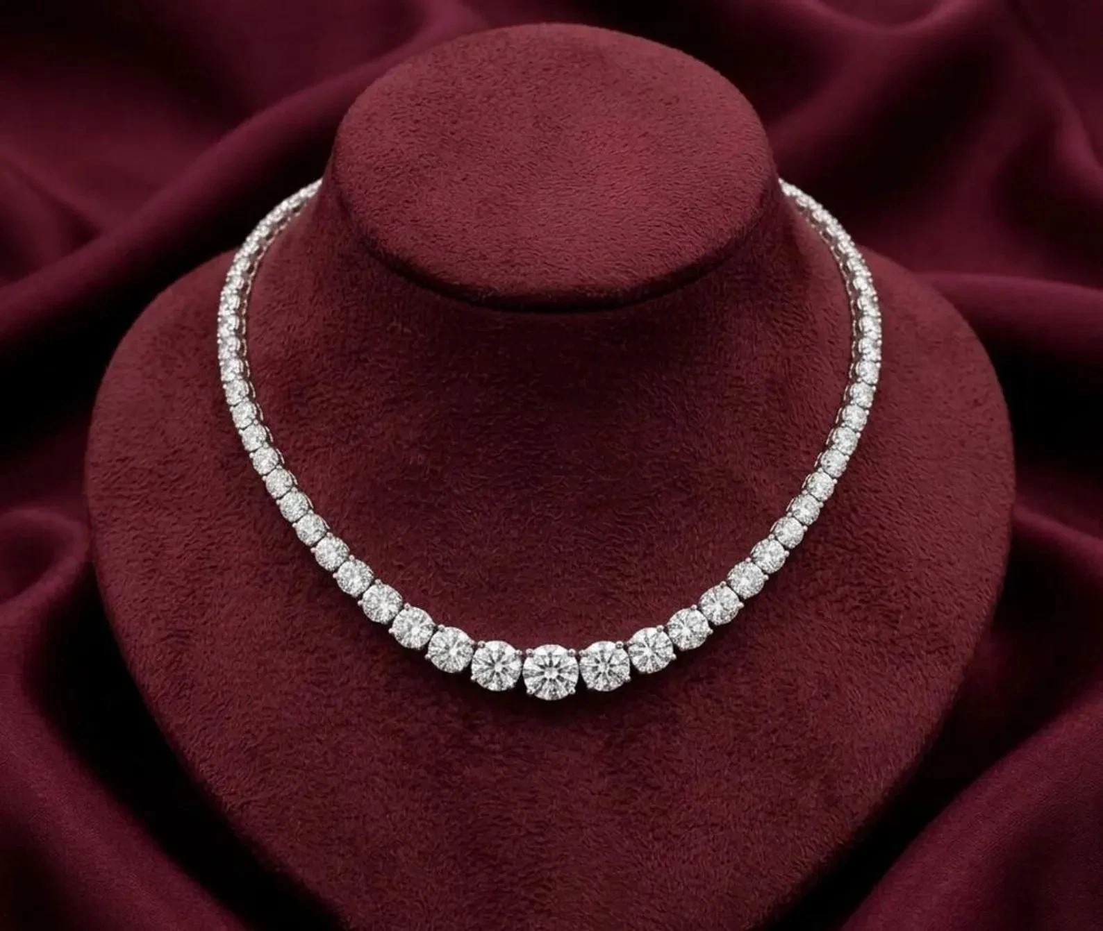 32.00Ct Graduated Moissanite Tennis Necklace, 14K White Gold Plated Round Cut 32.00Ct Graduated Moissanite Tennis Necklace, 14K White Gold Plated Round Cut