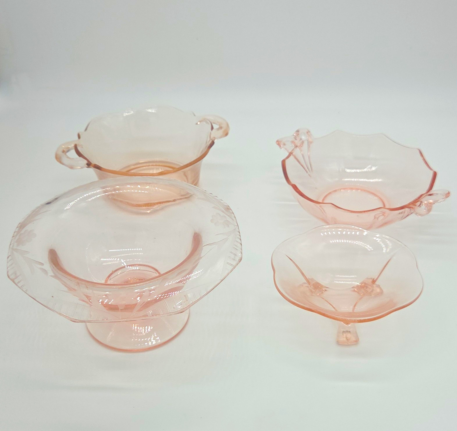 Vtg Pink Depression Glass Lot - 4 Separate Bowls, Candy Dishes Pedestal Compote
