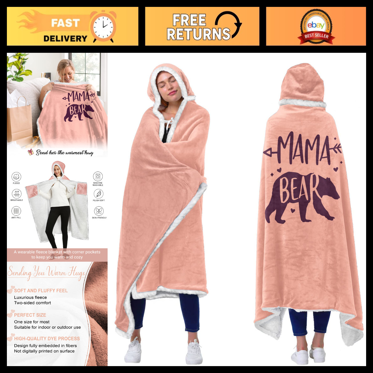 Cozy Pink Wearable Blanket Hoodie - Perfect Gift for Mom, Wife, Birthday & Mothe