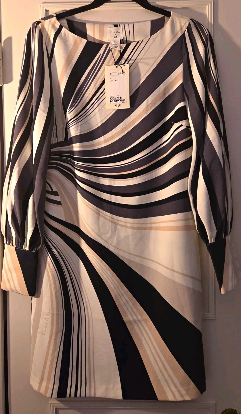Richard Allen x H&M Women’s 2 Black White Beige Striped Sheath A-Line Dress