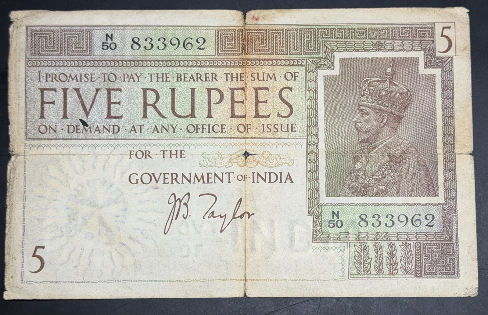 British India 5 Rupees Banknote King George V - J B Taylor Signature Rare British India 5 Rupees Banknote King George V - J B Taylor Signature Rare