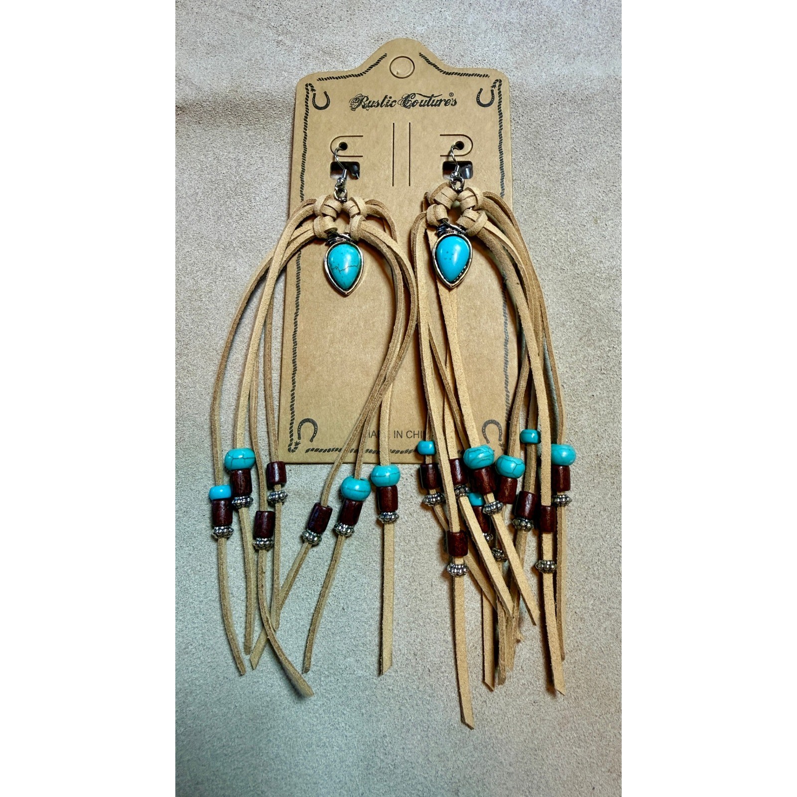 Rustic Couture Western Fringe Earrings Turquoise Stone Tan Suede NWT Boho