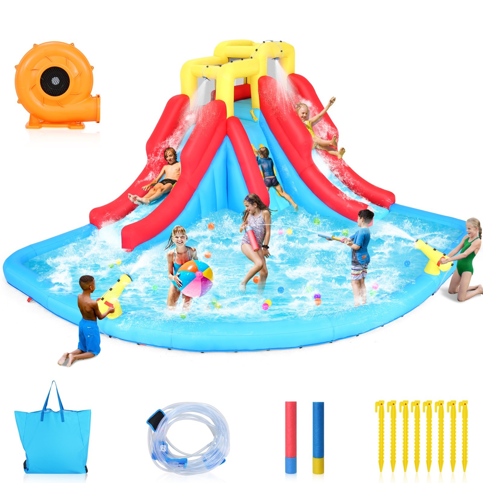 6 in 1 Kid Inflatable Water Double Slide Bounce House with Jump Splash Pool Fun