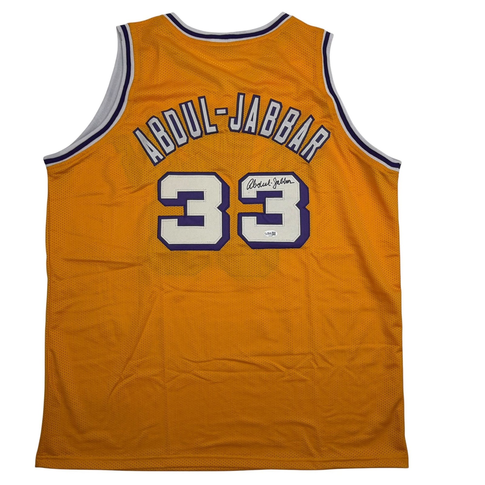 Autographed/Signed Kareem Abdul-Jabbar Los Angeles Yellow Jersey JSA COA Autographed/Signed Kareem Abdul-Jabbar Los Angeles Yellow Jersey JSA COA