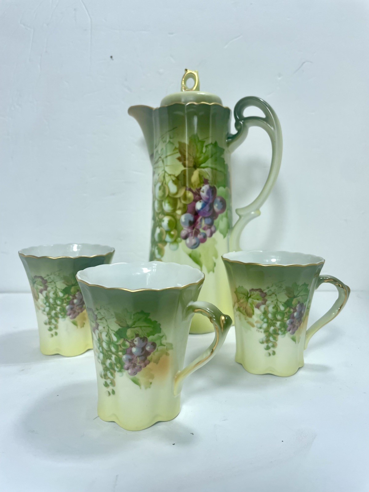 Antique A.C. Bavaria Grape Green Chocolate Pot with Lid Set 3 Cups Antique A.C. Bavaria Grape Green Chocolate Pot with Lid Set 3 Cups