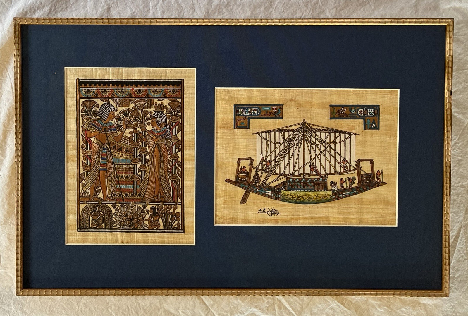 Pair Of Egyptian Art Paintings on Papyrus - Signed - Matted - Frame 13x20” Pair Of Egyptian Art Paintings on Papyrus - Signed - Matted - Frame 13x20”