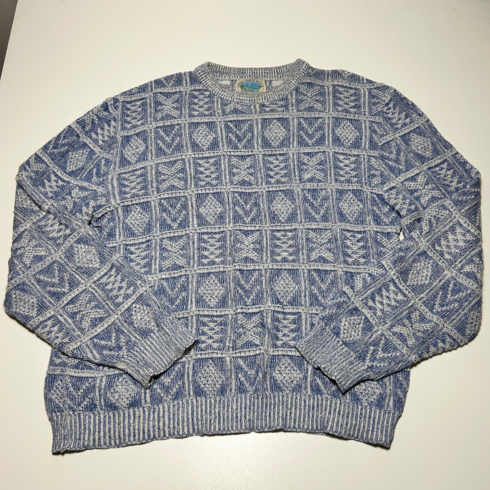 Vintage Royal North Mills Outfitters Blue White Geometric Knit Sweater USA Mens Vintage Royal North Mills Outfitters Blue White Geometric Knit Sweater USA Mens