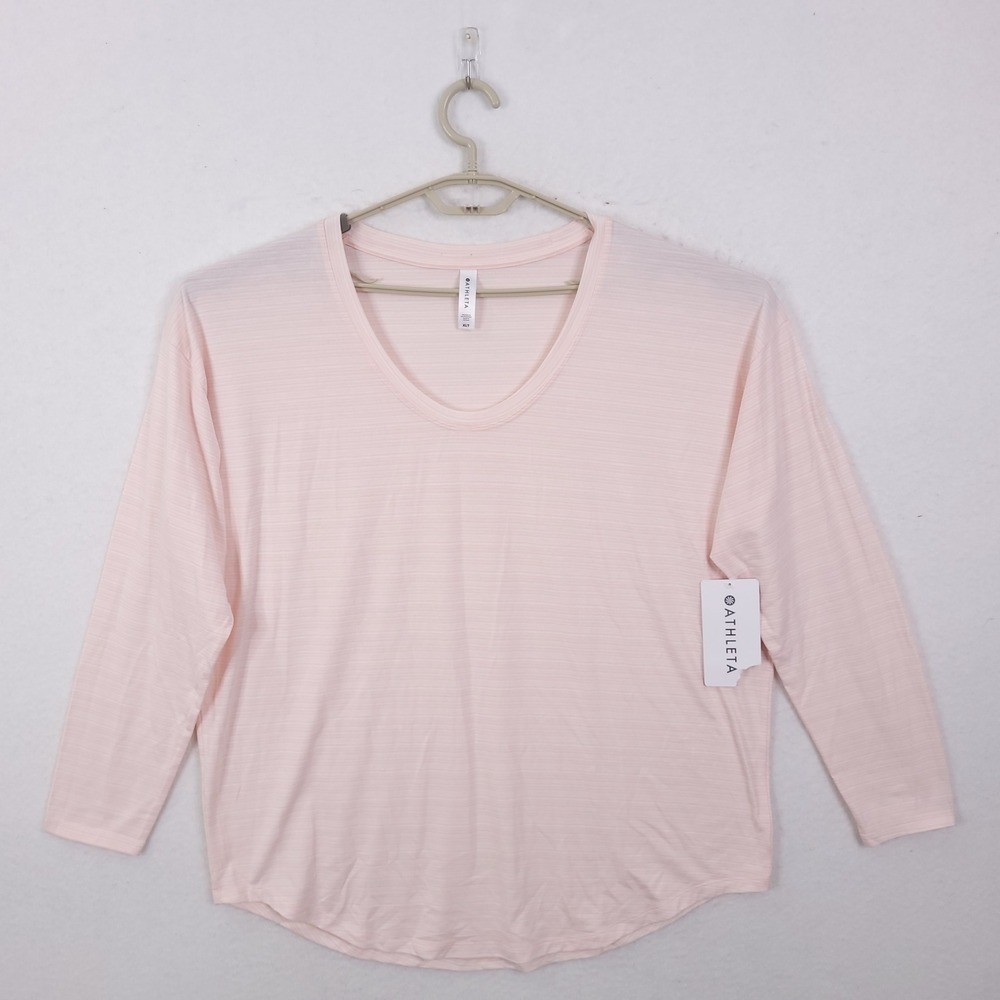 Athleta Top Shirt Stratus Striped Top Women XLT Pink Long Sleeve Scoop Neck Tee