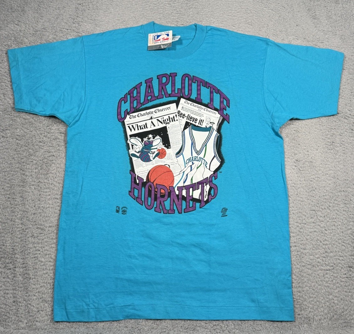 RARE VTG Front Pages Charlotte Hornets Newspaper Print Mens L Single Stitch NWT RARE VTG Front Pages Charlotte Hornets Newspaper Print Mens L Single Stitch NWT