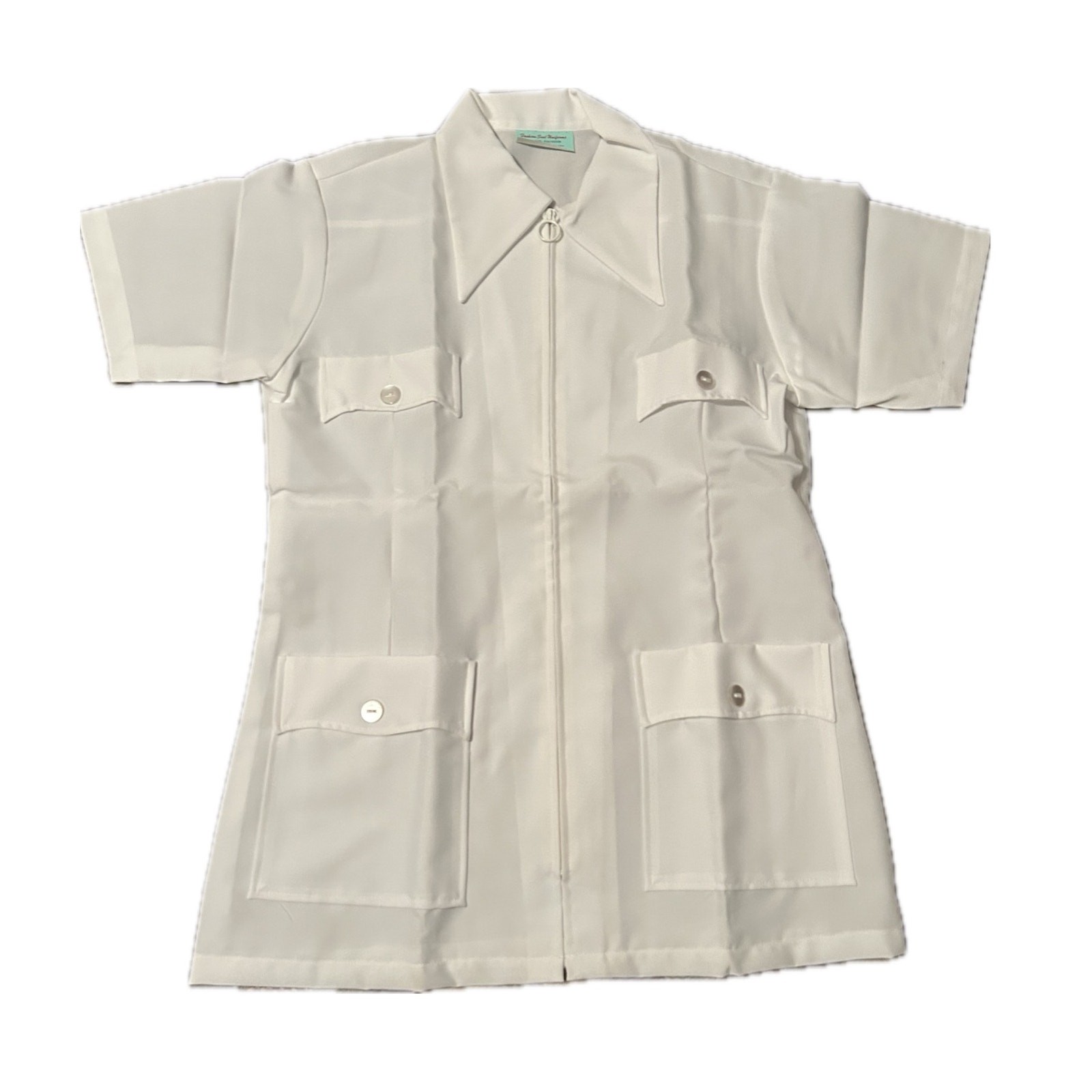 Vintage 1970s White Zip Front Safari Blouse Shirt Short Sleeve Medium ^