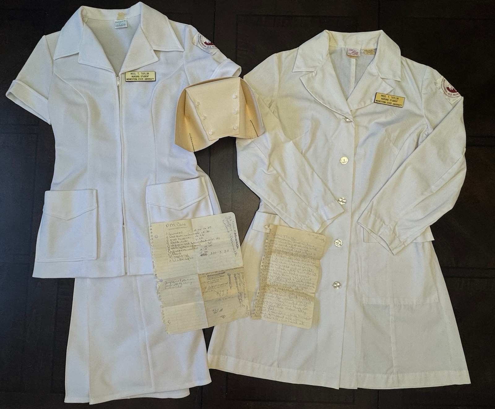 Vintage 60s 70s Nurse Uniform Lot Bell Bottoms Cap 1975 Letter MSU Nursing