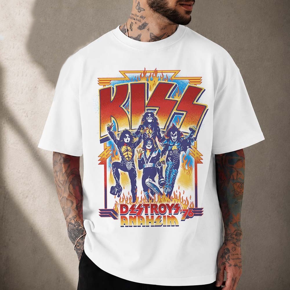 Kiss Destroys Anaheim 76 T Shirt Legendary Rock Band Graphic Tee Vintage Style