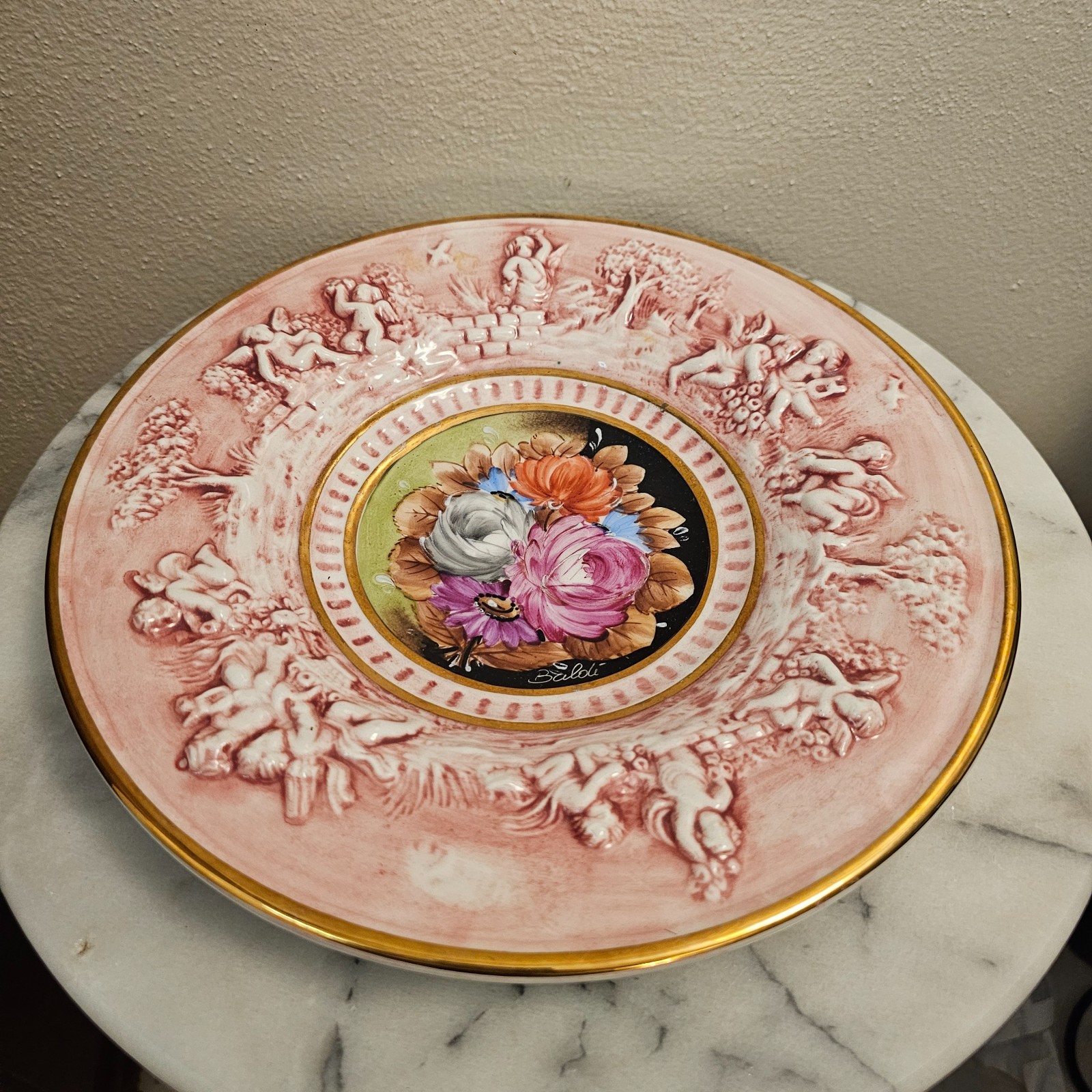 Vintage Capodimonte Italy Cherub Porcelain Wall Plate Hand Painted Baldi Floral
