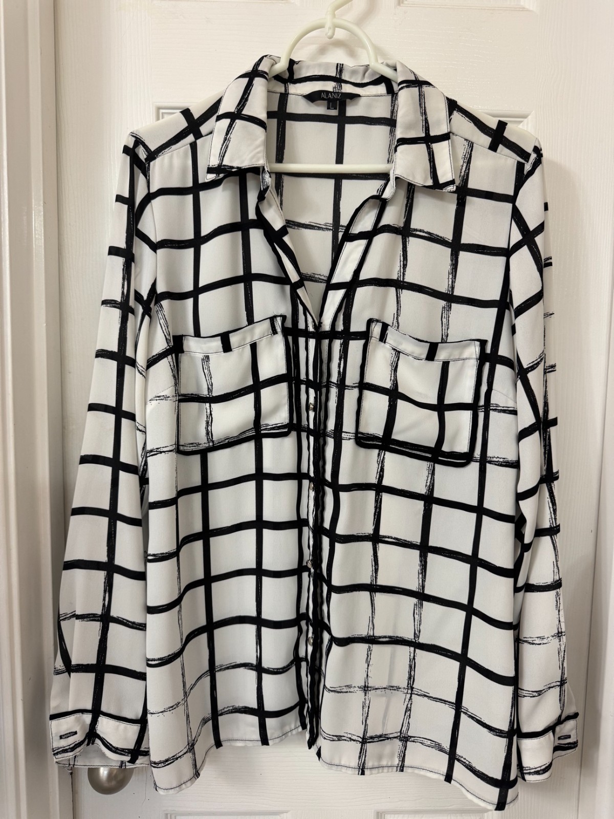Alaniz Black White Windowpane Grid Print Long Sleeve Button Up Shirt L NWOT
