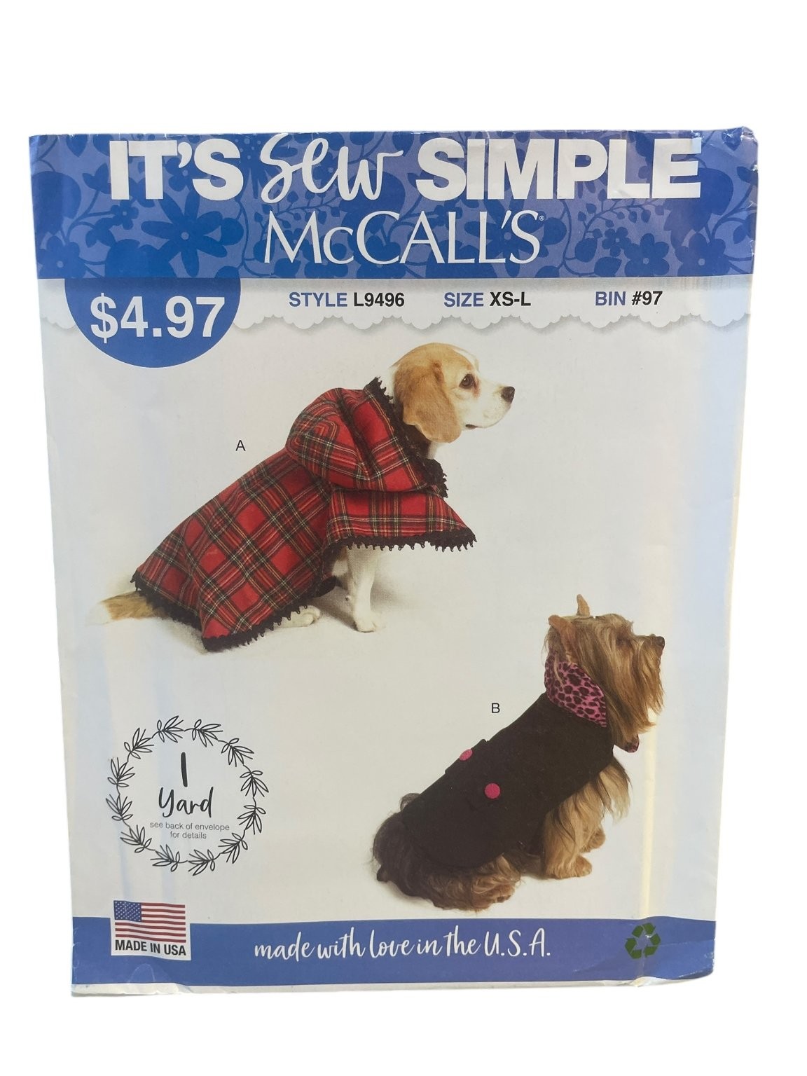 McCall\'s Dog Coat Sewing Pattern XS-L L9496 It\'s Sew Simple Uncut USA Made