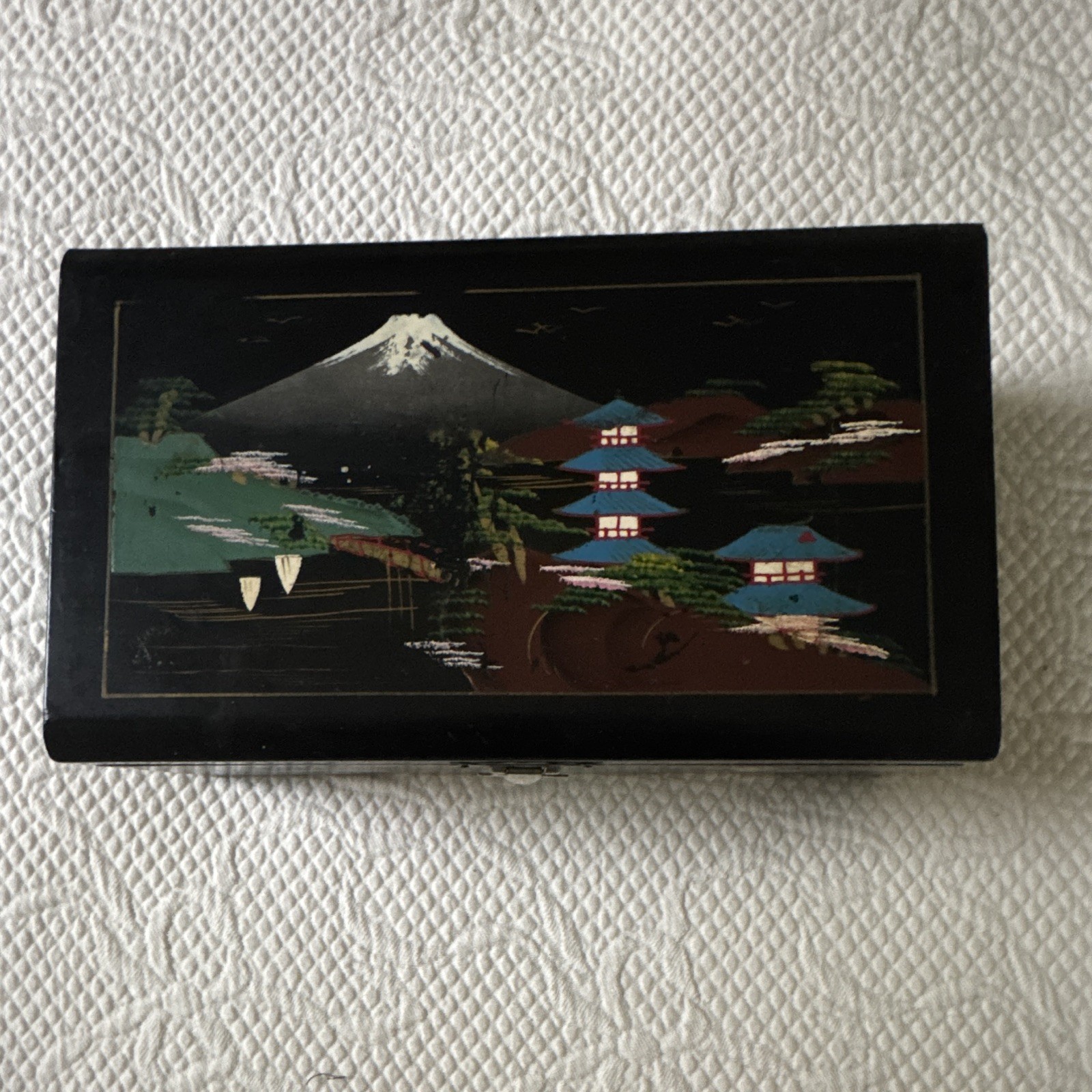 Vintage mid-20th century Japanese Mount Fuji landscape painted mirror interior. Vintage mid-20th century Japanese Mount Fuji landscape painted mirror interior.