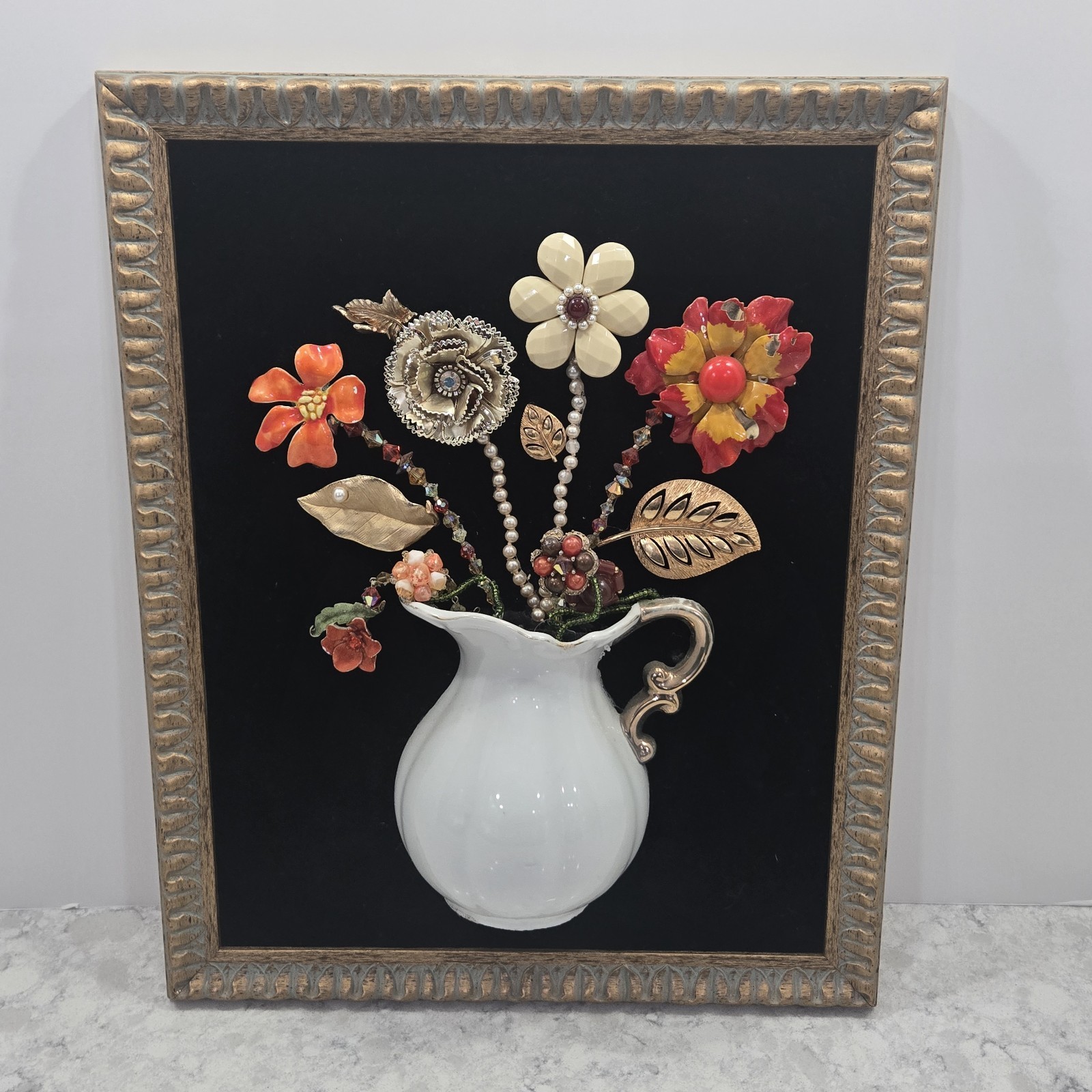 Vintage Framed Jewelry Art Brooch Pin Collage 3D Wall Decor Flowers Vase Pitcher Vintage Framed Jewelry Art Brooch Pin Collage 3D Wall Decor Flowers Vase Pitcher