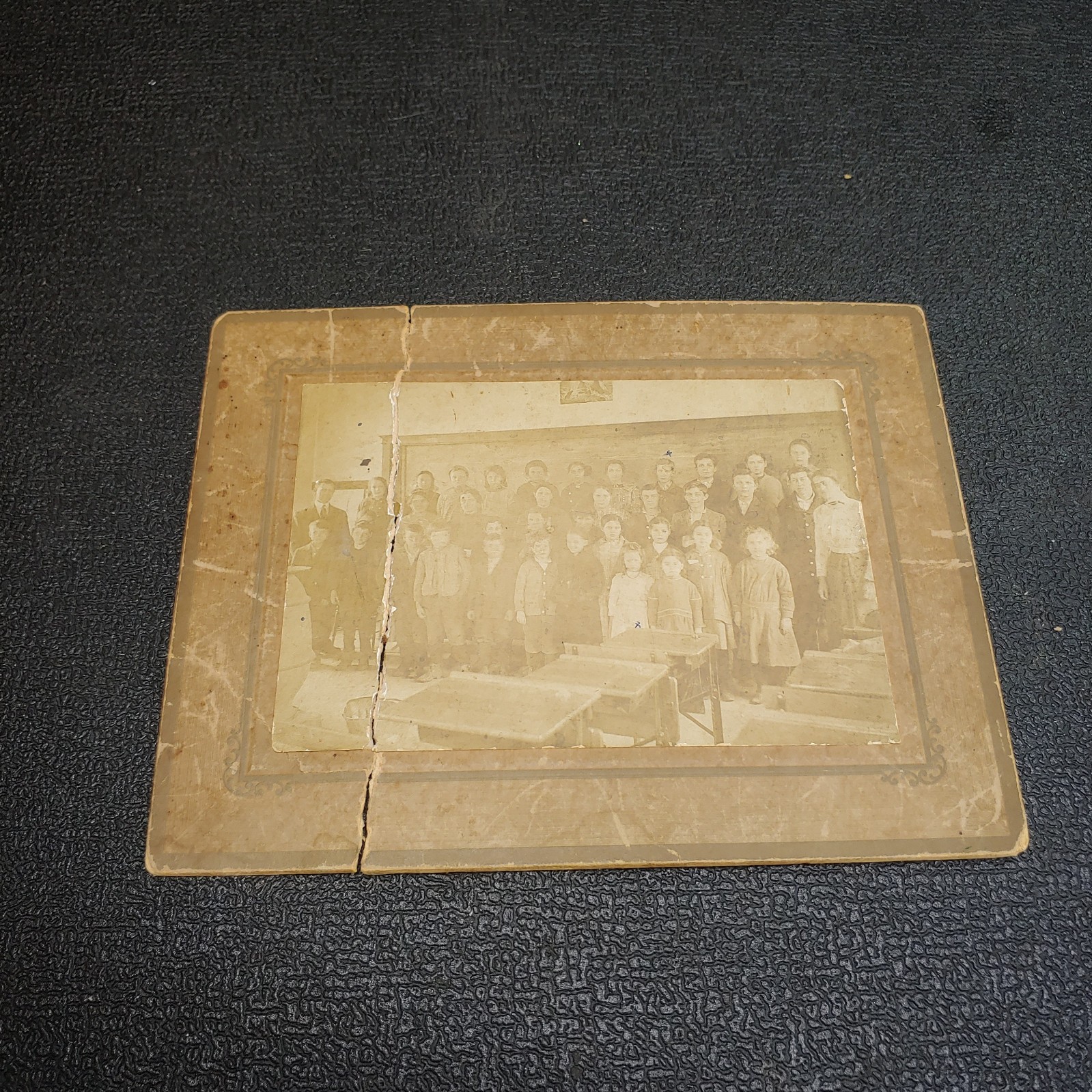 Vintage 1910s Damaged Class Portrait Photograph On Ornate Cardboard Mount Vintage 1910s Damaged Class Portrait Photograph On Ornate Cardboard Mount