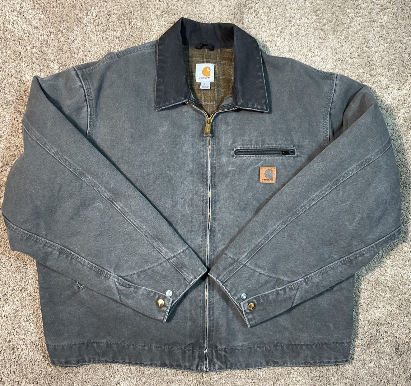 CARHARTT Detroit Jacket Mens XL Blanket Lined Sandstone Duck Canvas Gray J97