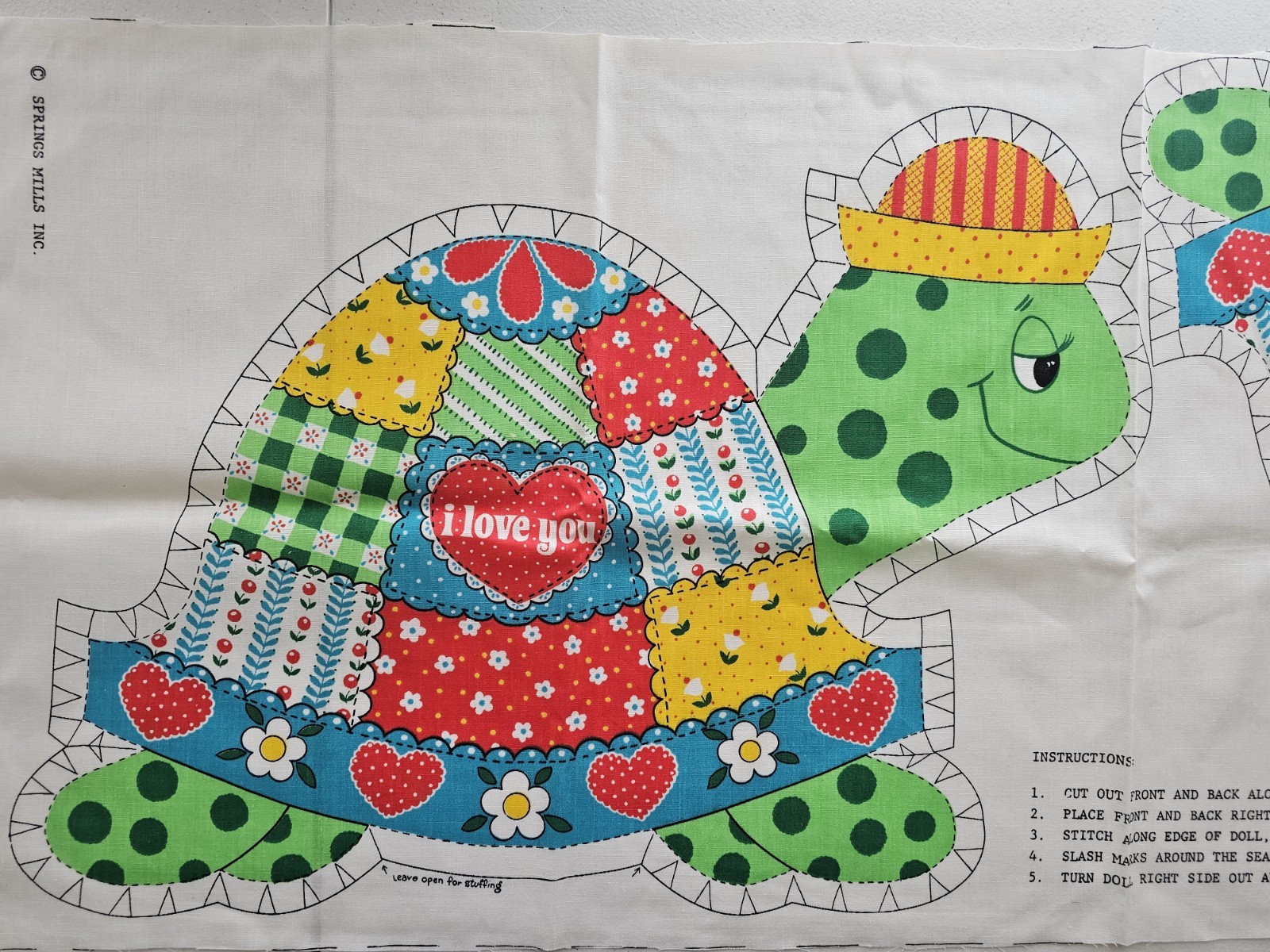 Vintage 70s Springs Mills Patchwork Turtle Fabric Panel Both Sides Included