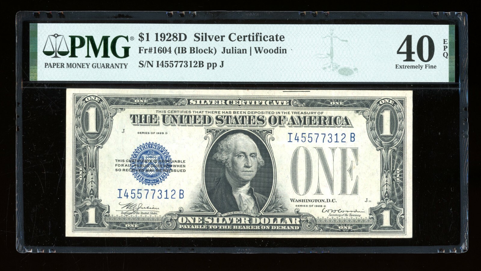 DBR Scarce 1928-D $1 Silver Fr. 1604 IB Block PMG XF-40 EPQ Serial I45577312B DBR Scarce 1928-D $1 Silver Fr. 1604 IB Block PMG XF-40 EPQ Serial I45577312B
