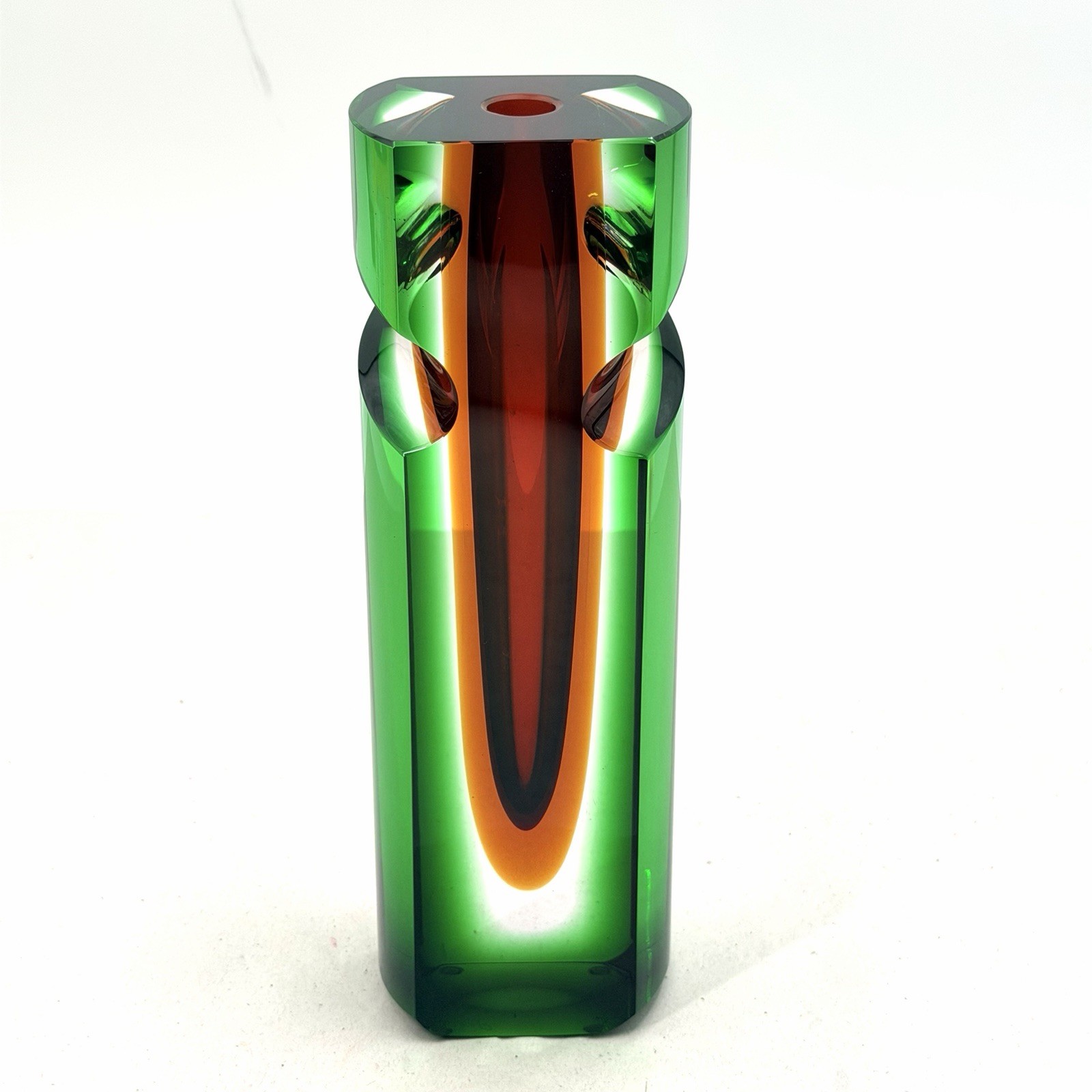 VTG Sommerso Block Vase Signed Yakup Murano Style Tri Color Heavy Glass 10.5”