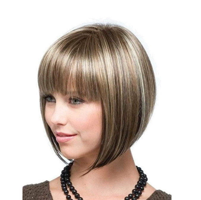 Women\'s Gold Blonde Mixed Brown Highlights Short Bob Straight Wig Synthetic Hair