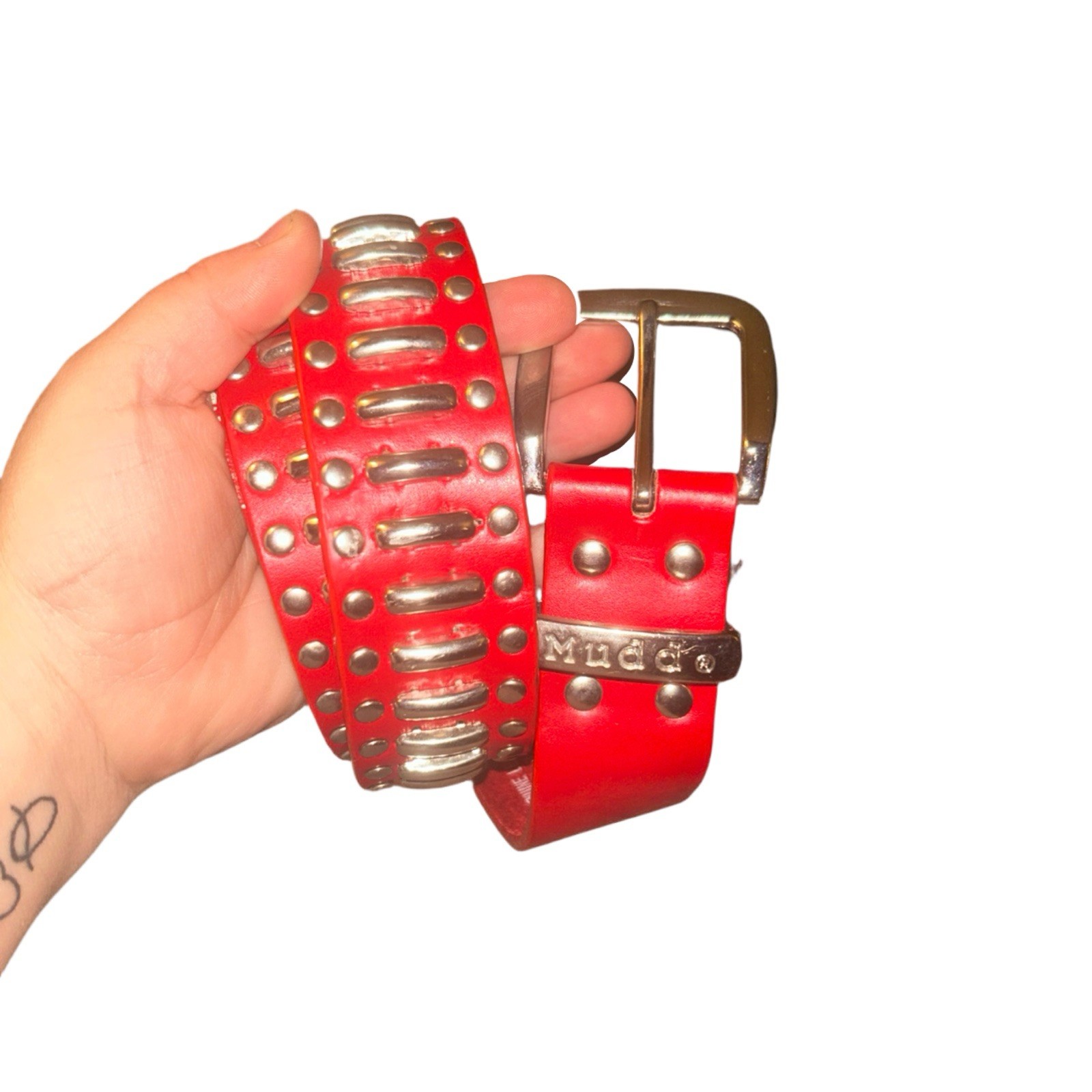 VTG Mudd Red Leather Studded Belt Size ML Silver Hardware Y2K Goth Punk Emo VTG Mudd Red Leather Studded Belt Size ML Silver Hardware Y2K Goth Punk Emo