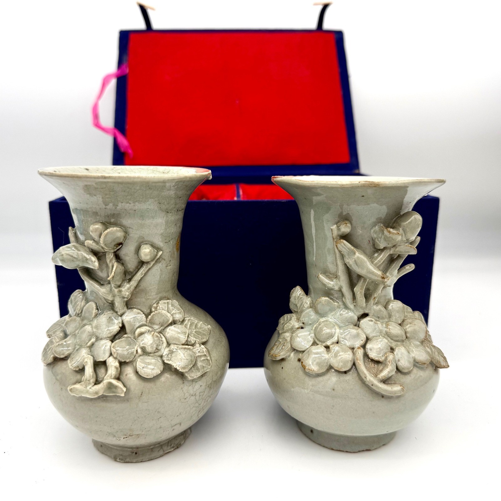 ATQ Pair of Chinese Celadon Crackle Glaze Vases High-Relief Botanical Appliqués