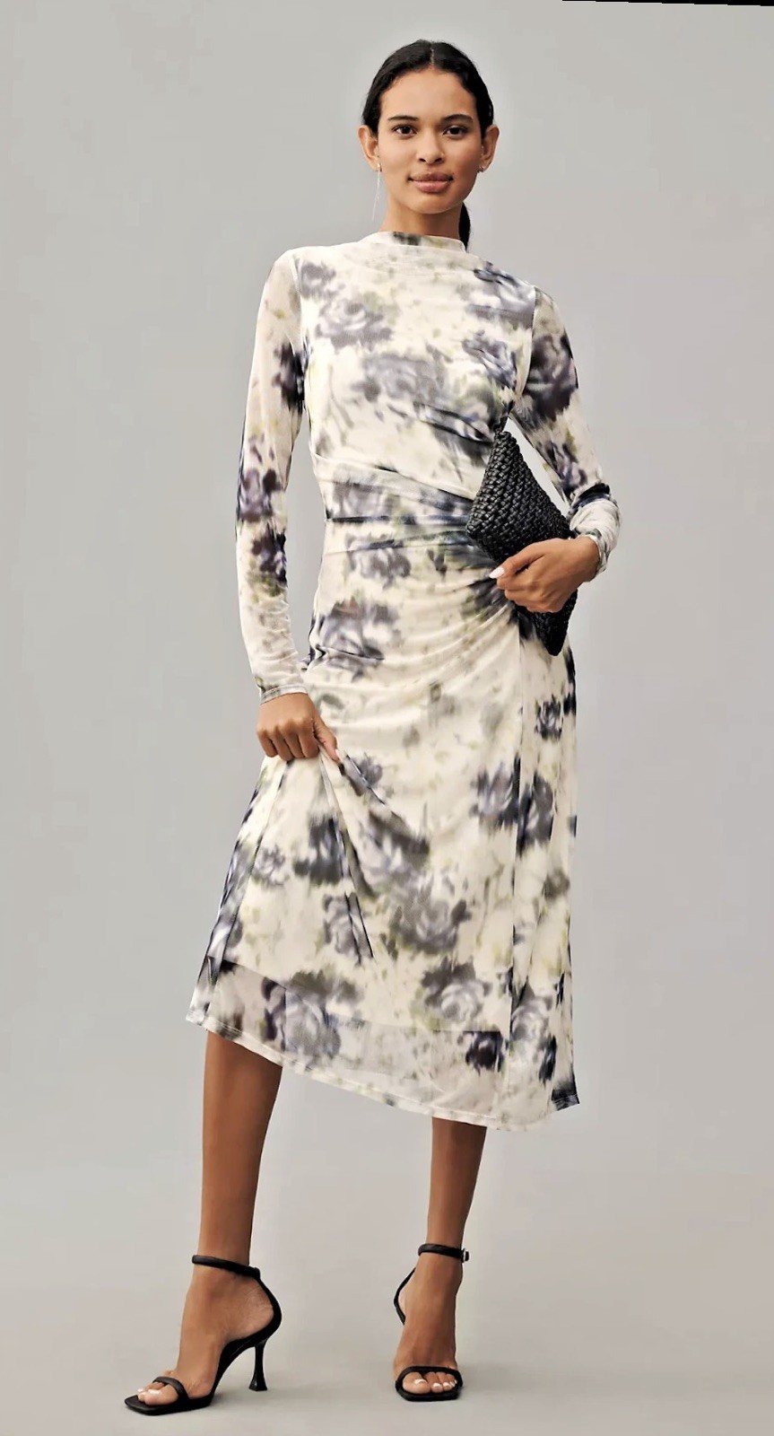 NWT Anthropologie Sarah Hann Iris SOFT MESH RUCHED FLORAL MIDI DRESS WHITE XL NWT Anthropologie Sarah Hann Iris SOFT MESH RUCHED FLORAL MIDI DRESS WHITE XL