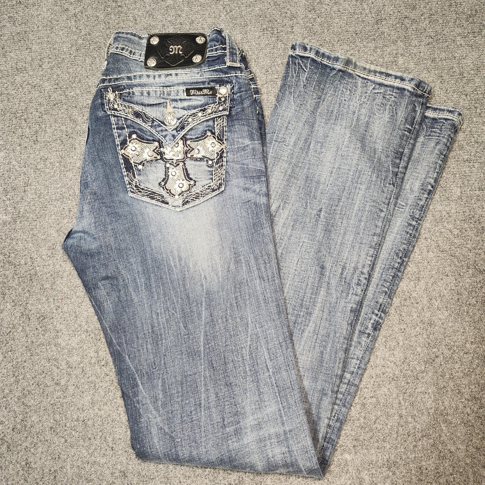 Miss Me Jeans Womens 31x33 Bootcut Denim Cross Flap Pocket Rhinestone Bling