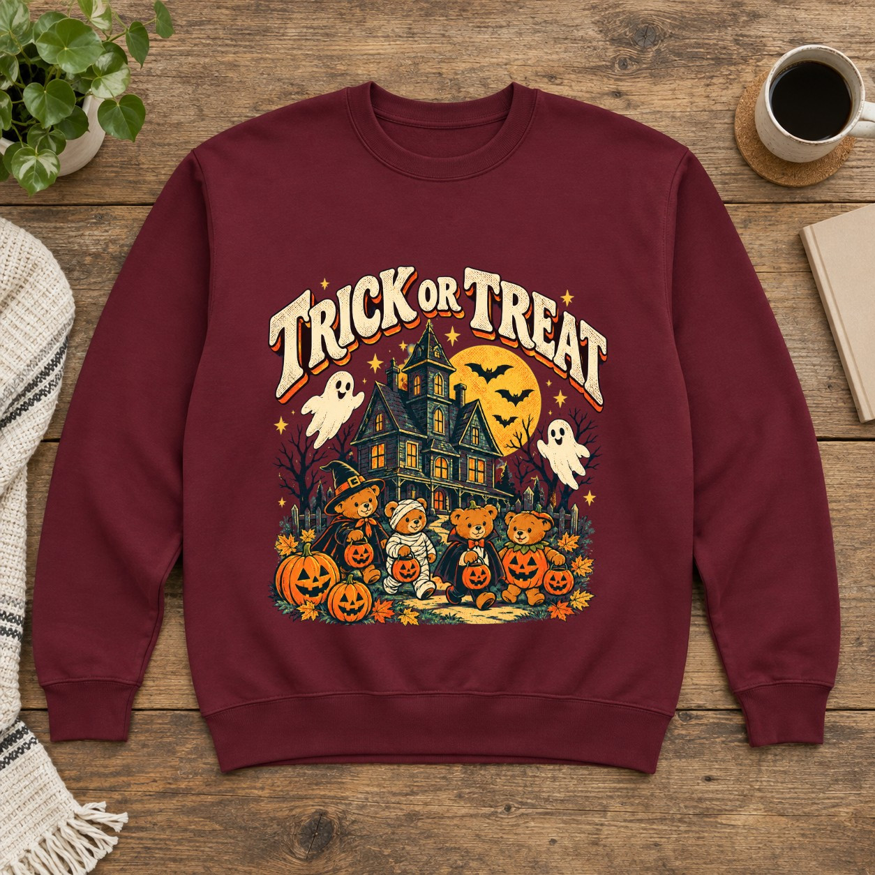 Vintage Halloween Sweatshirt Trick Or Treat Teddy Bear Pumpkin Ghost