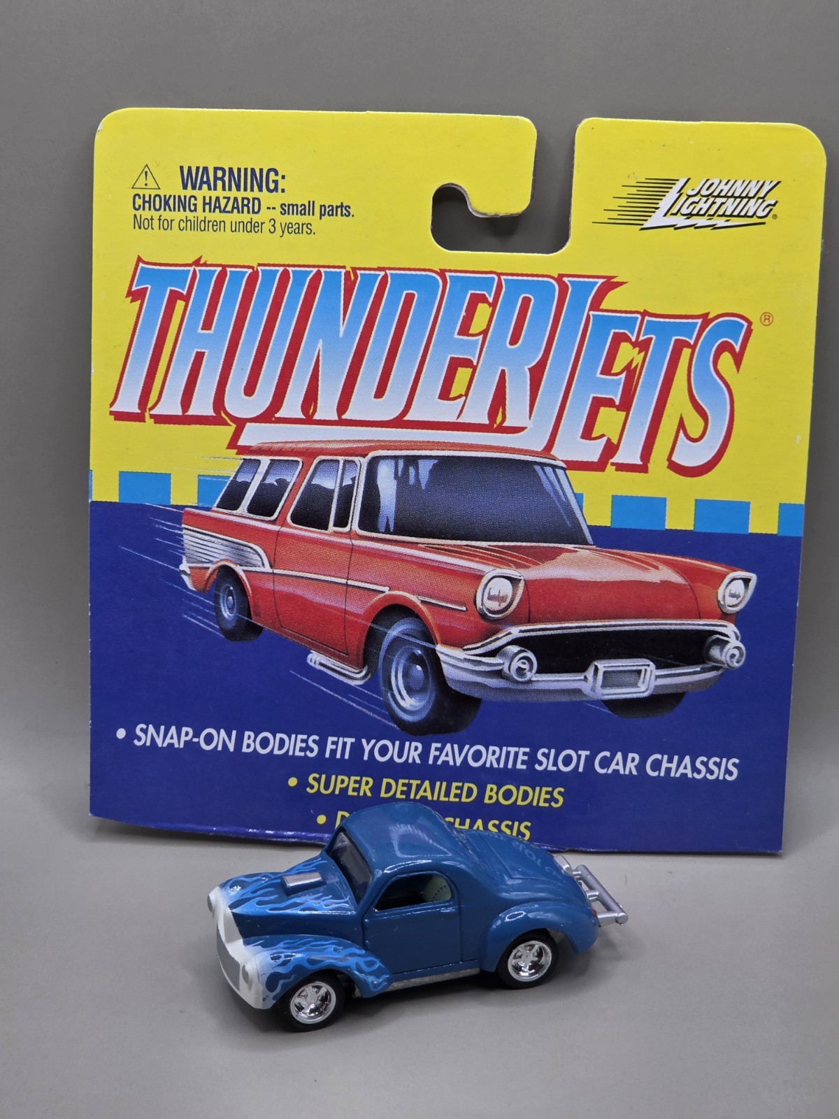 JOHNNY LIGHTNING TJET 1941 WILLYS GASSER BLUE FLAMED SLOT CAR BODY PULLBACK JOHNNY LIGHTNING TJET 1941 WILLYS GASSER BLUE FLAMED SLOT CAR BODY PULLBACK