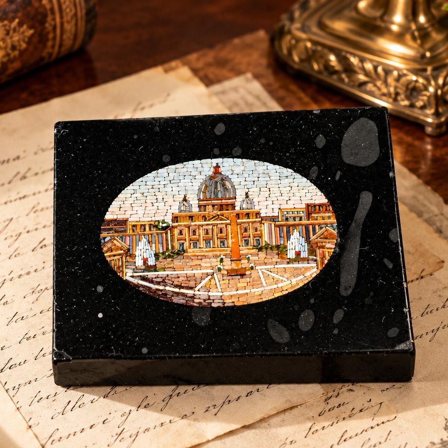19th Century Italian Micromosaic Antique Paperweight St. Peter’s Basilica Rome