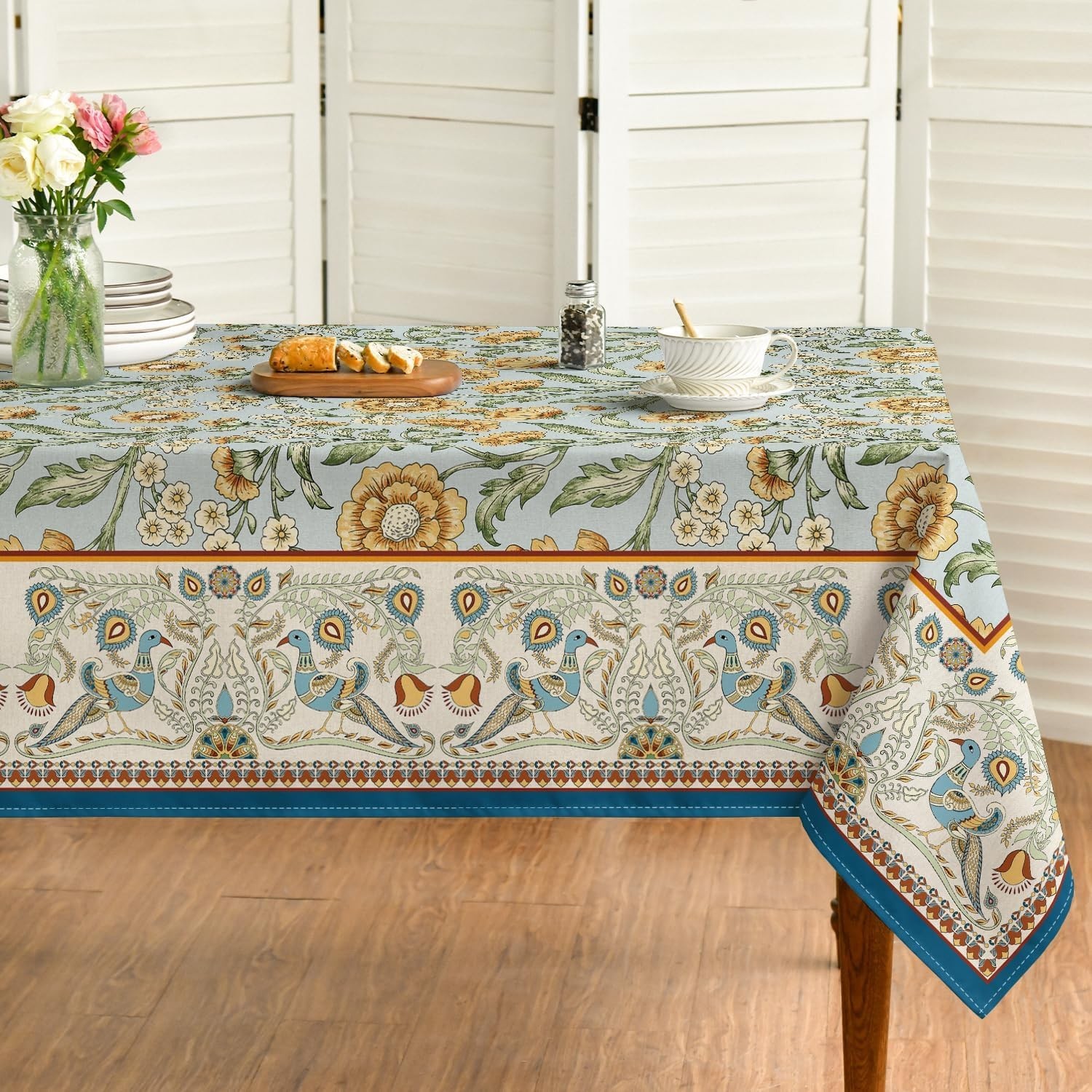 Floral Bordered French Rectangular Tablecloth, 60x140 Inch