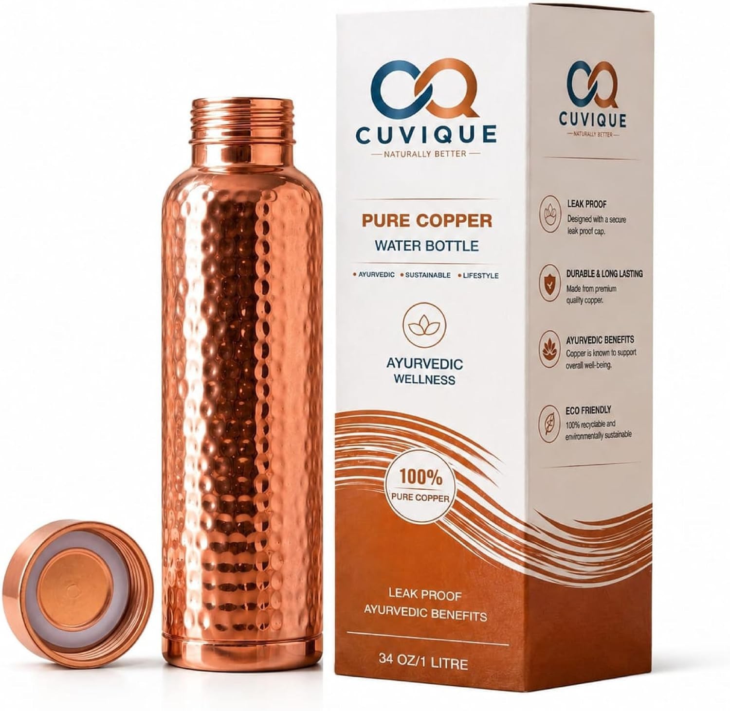 34oz Pure Copper Water Bottle - Handmade Hammered Finish - Ayurvedic Health USA 34oz Pure Copper Water Bottle - Handmade Hammered Finish - Ayurvedic Health USA