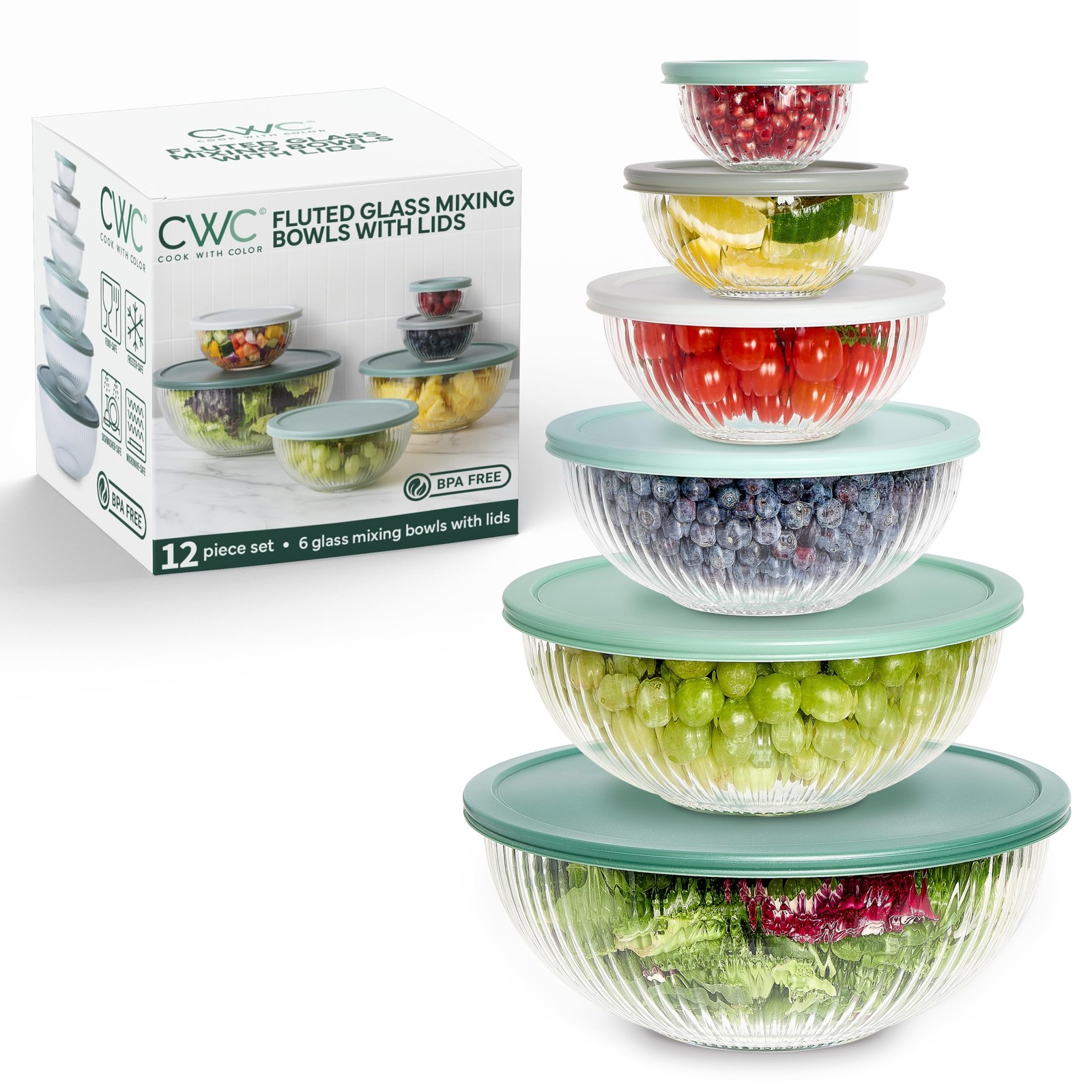 12 Pc Glass Mixing Bowl Set with Lids - Borosilicate Glass Nesting Bowls, Fluted
