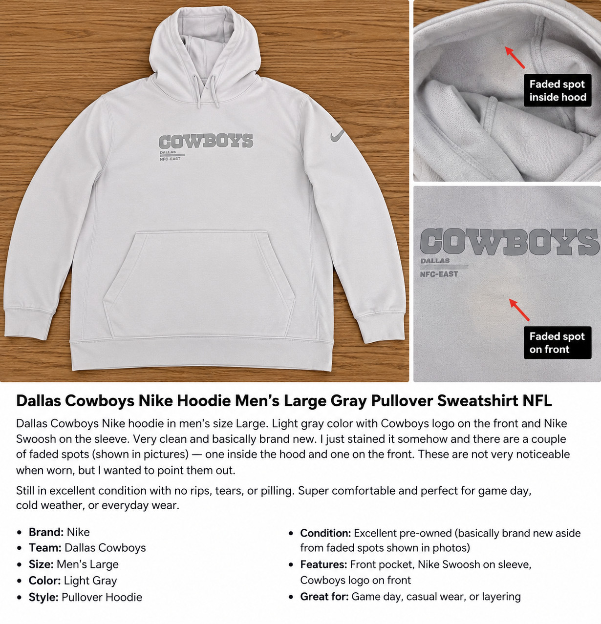 Nike Dallas Cowboys Hoodie Men’s Large Gray Pullover Sweatshirt NFL