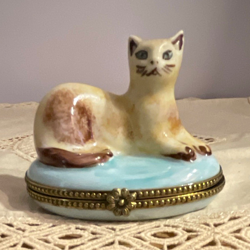 Limoges France Porcelain Cat Trinket Box Hinged Lid Figurine, Blue Base Limoges France Porcelain Cat Trinket Box Hinged Lid Figurine, Blue Base