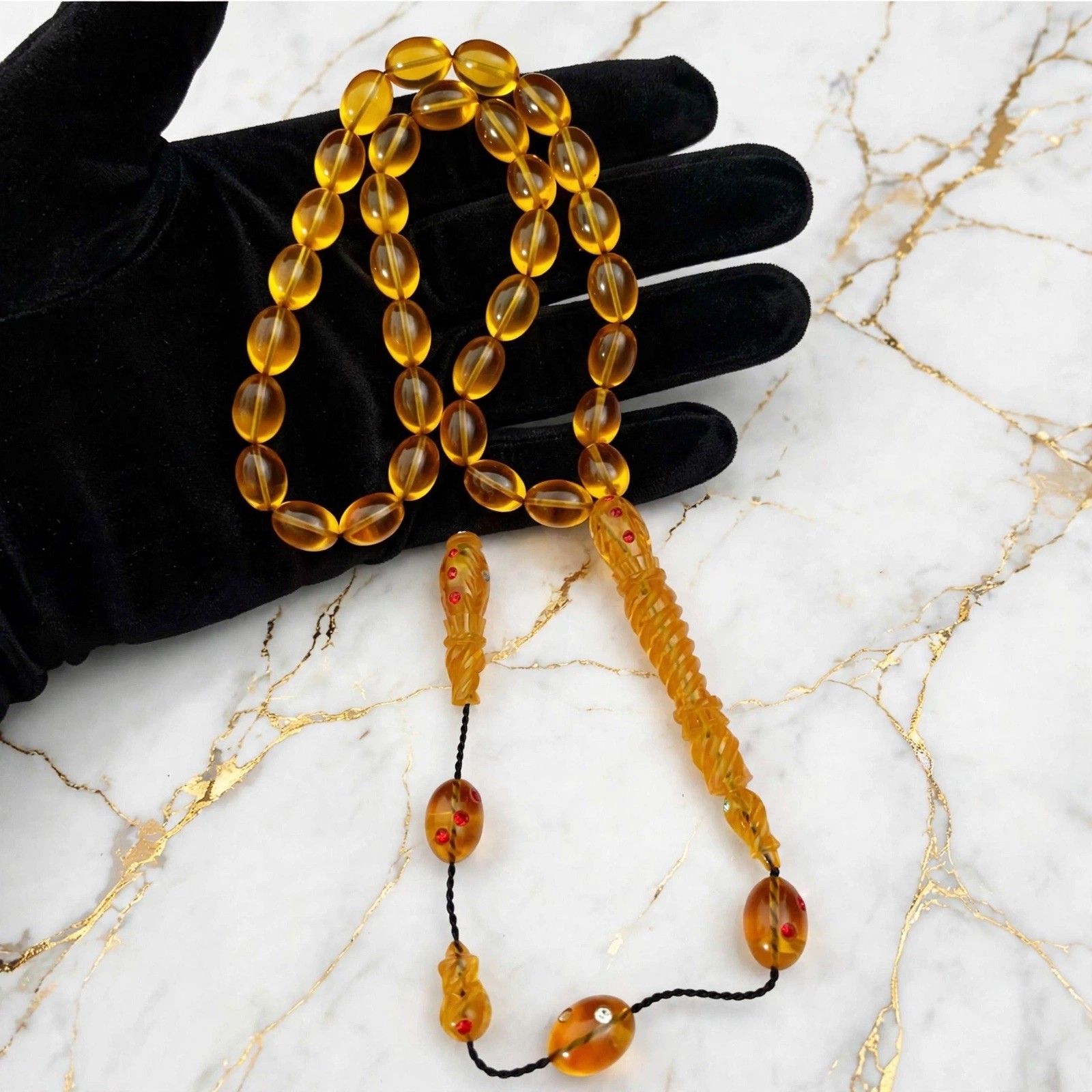 Antique German Faturan Tasbih 71g Transparent Honey Yellow Hand Carved Minaret Antique German Faturan Tasbih 71g Transparent Honey Yellow Hand Carved Minaret